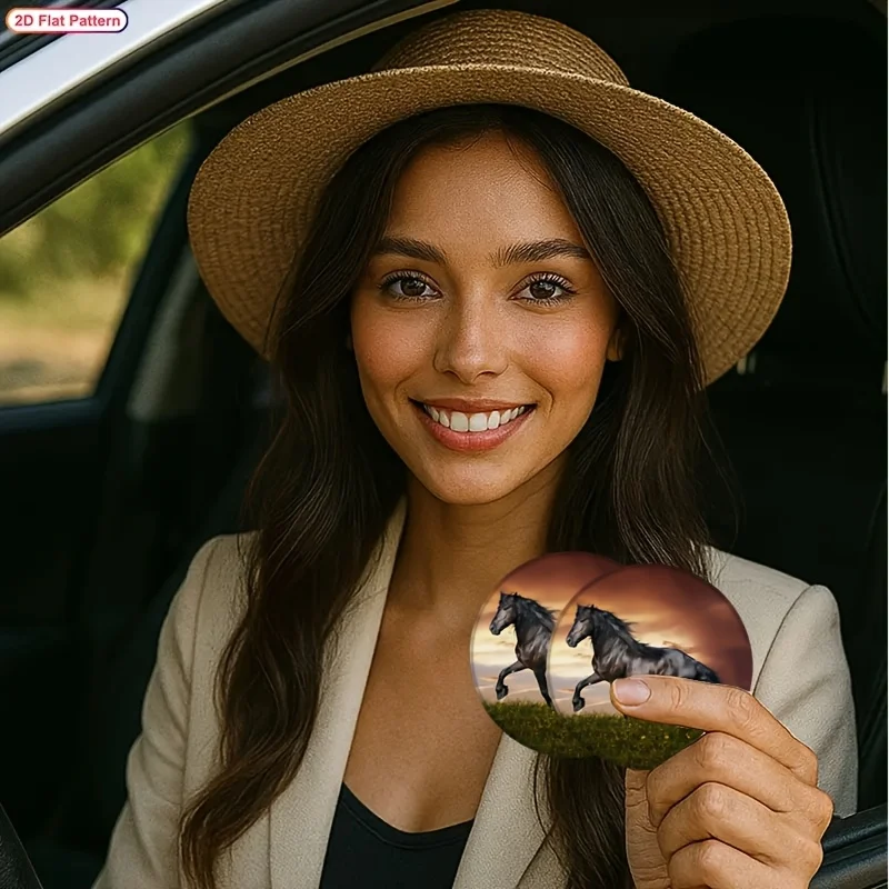 2/4pcs Sunset Grassland Black Steed Coasters: 2.76inch Anti-slip Pads With Galloping Horse Pattern, Decorative Storage Mats For