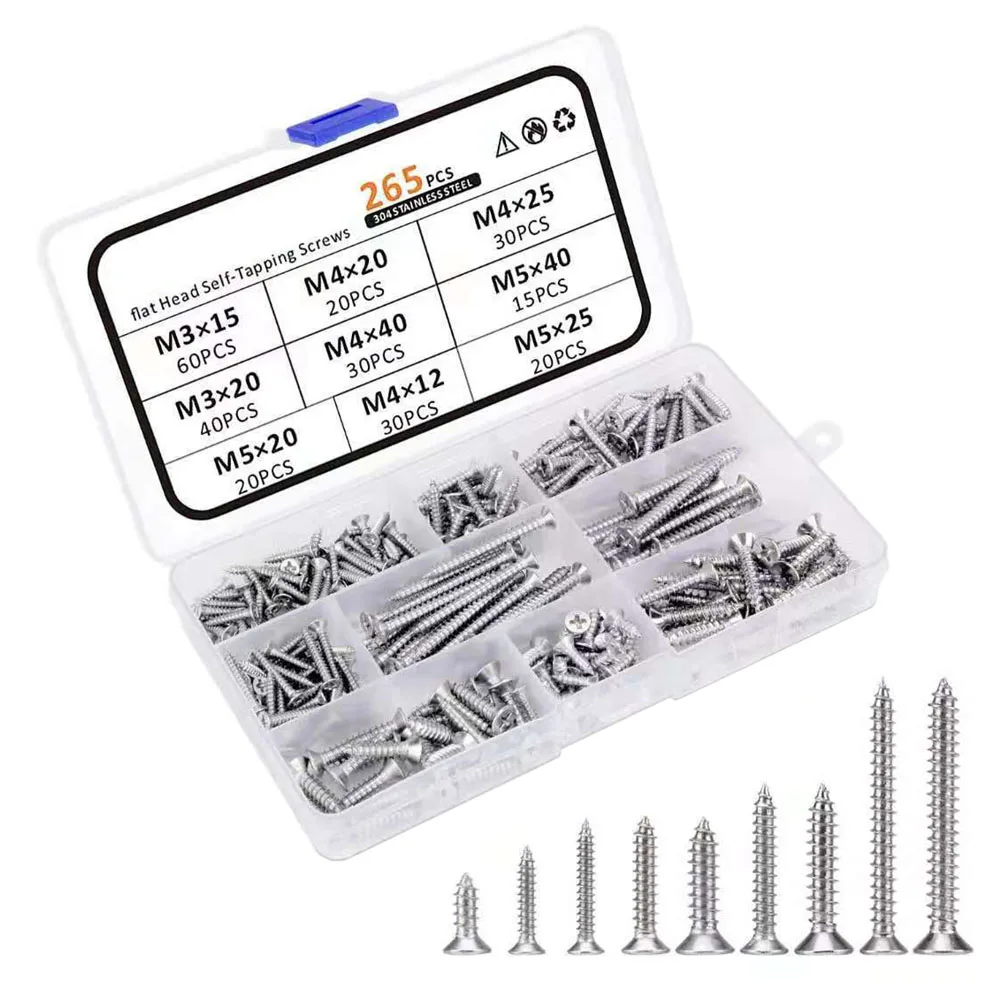 265PCS Stainless Steels Self-tapping Assorted Screws M3 M4 M5 Countersunk Flat Head Tapping Cross Recessed Wood Screws Set w Box