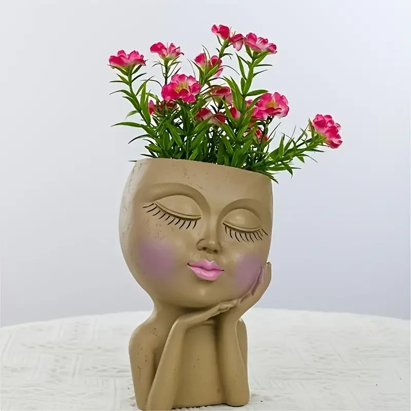 Shy Girl Face Planter, Creative Faux Human Resin Crafts, Multicolor Planter with Drainage Hole, Garden, Tabletop Decorations