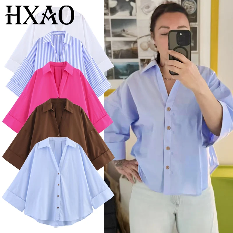 

HXAO Woman 2025 Укороченные рубашки и блузки большого размера Летняя белая, синяя, розовая, коричневая полосатая рубашка Топы с длинными рукавами Модная курортная рубашка