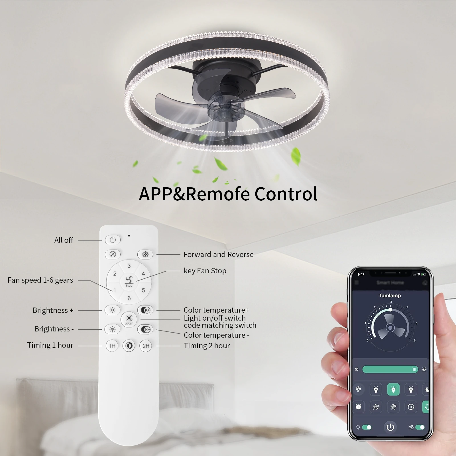 Smart Matte Black Fan Ceiling Light: Seamless LED Dimming, Remote Control with Timer, Suitable for Indoor Smart Home Decoration