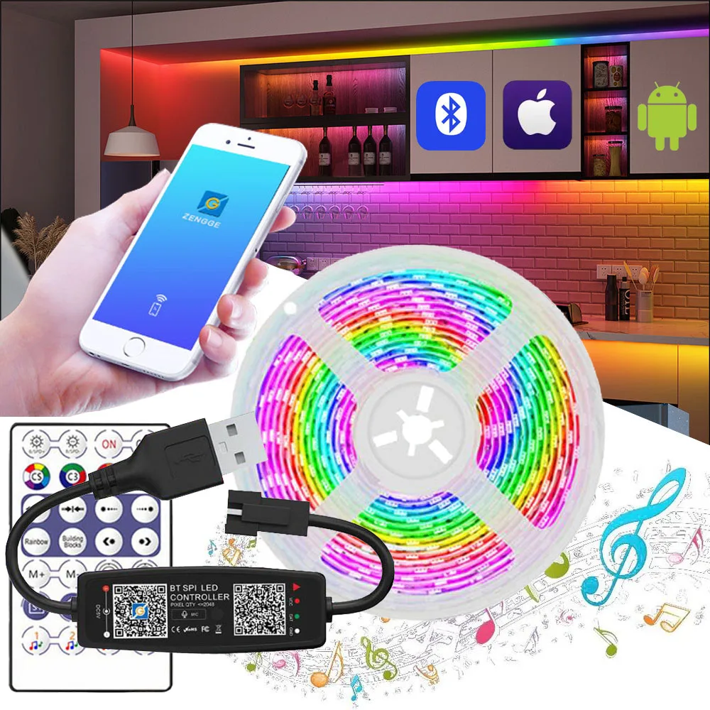 

1~10m USB WS2812B 5050 Individually Addressable RGBIC 30Leds/m LED Strip Bluetooth App Chasing Effect Lights WS2812 Tape DC5V