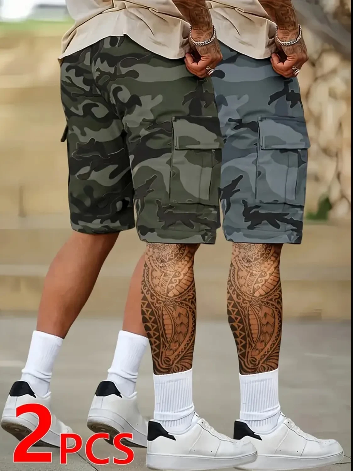 

2 PCS Men's Camouflage Cargo Shorts Summer Casual Multi-Pocket Elastic Waist Loose Streetwear Hip Hop Shorts