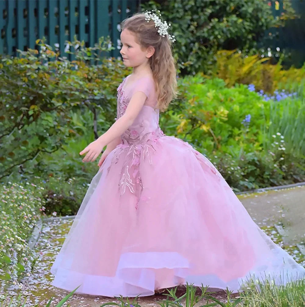 Princess Flower Girl Dresses for Wedding Lace Appliques Floor Lenght  Kids Birthday Party First Communion Gowns Customized