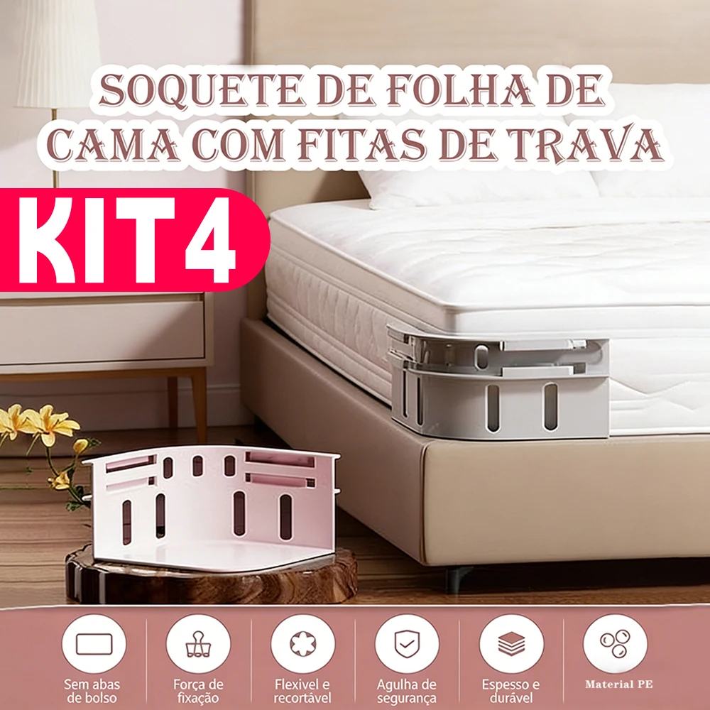 Kit 4 Fixadores de Lençol Antiderrapantes com Cinta Elástica Ajustável para Colchão Sem Pregos, Facilidade e Segurança