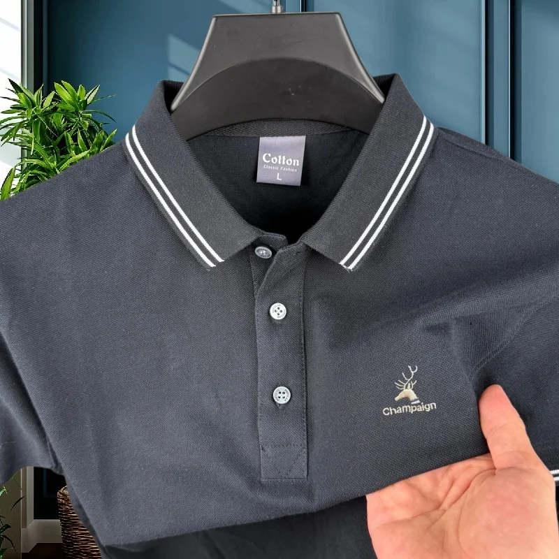 100% pure cotton high-end brand men's short sleeved polo shirt summer fashion striped deer head embroidery golf  casual T-shirt