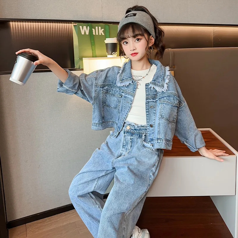 Spring Autumn Girls Clothing Set Jacket & Pants Outfits for Teen 6 8 12 Year Kids Clothes School Children\'s Raw Edge Denim Suits