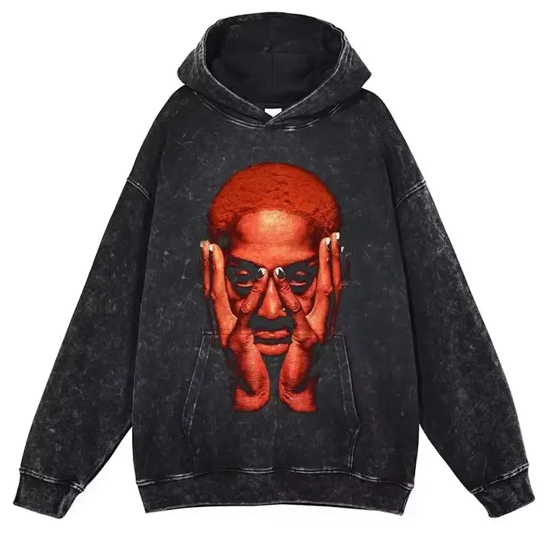 Dennis Rodman Hoodies Anime The Worm Printed Vintage Washed Hooded Sweatshirts Oversized Pullover Harajuku Hip Hop Hoodie Men