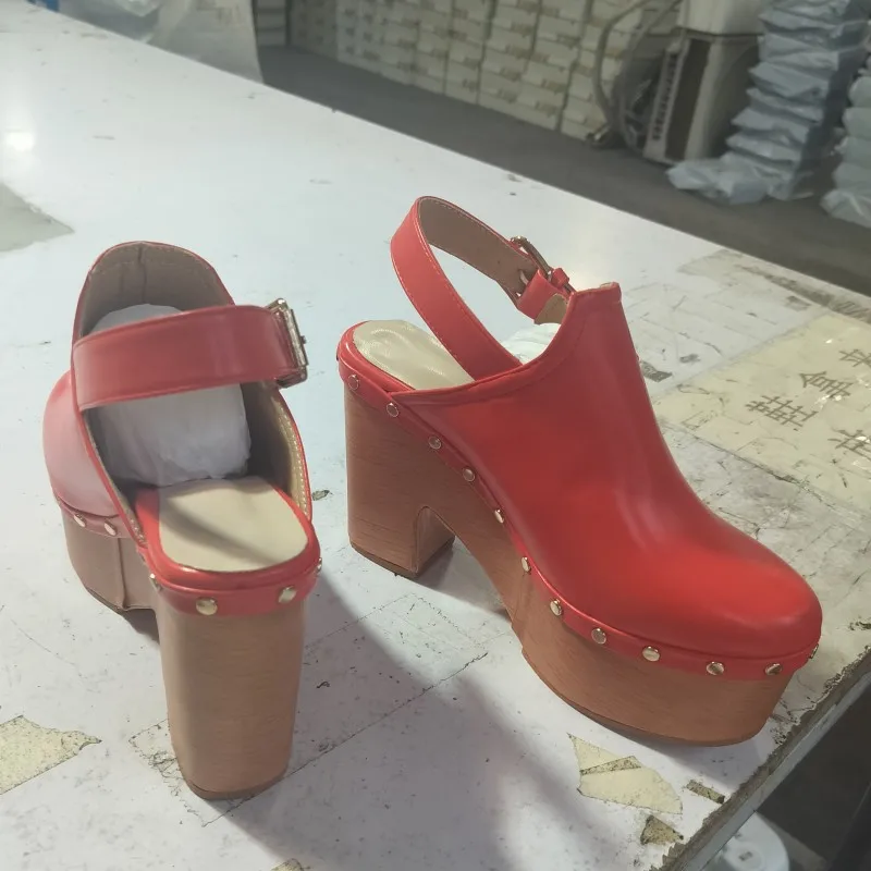 

DIZHUANG Модные женские туфли на высоком каблуке. Красно-коричневые туфли из искусственной кожи на открытом каблуке. Высота каблука около 11 см. Туфли с круглым носком. Модная обувь для показа.