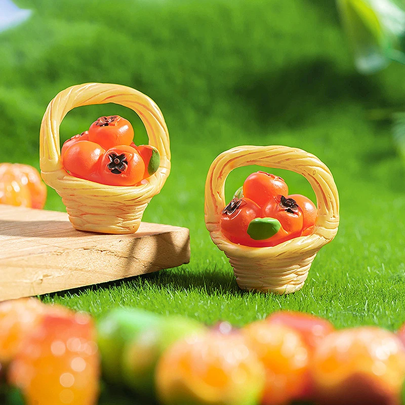 Micro Landscape Creative Cute Simulation Fruit Food Play Bamboo Basket Persimmon Resin Ornaments DIY Decoration Ornaments