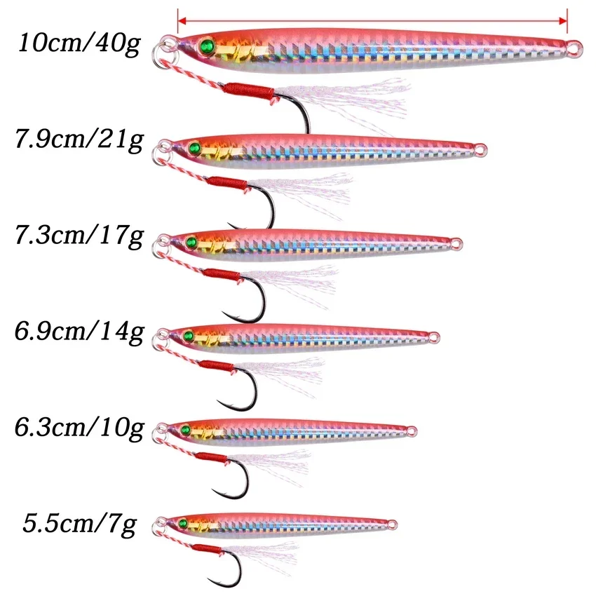 Señuelo de Pesca con plantilla de Metal largo y lento, 5 uds., 7-10-21-28-40g, cuchara de Jigging fundida, Lucio Artificial, cebo para peces,
