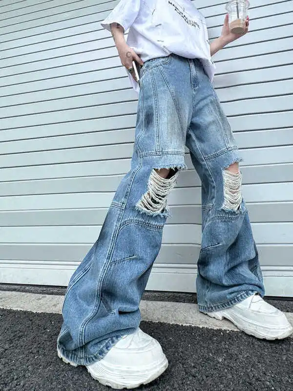 

Retro American Worn-Out Wide Leg Jeans Knee-Hole Patchwork Design Floor-Length Pants Trendy Cool Handsome Casual Jeans