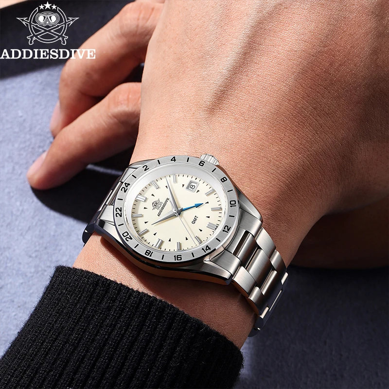 ADDIESDIVE Quartz GMT Watches 38mm 20Bar Waterproof Sapphire Glass 316L Stainless Steel Watch for Men Relogio Masculino AD2063