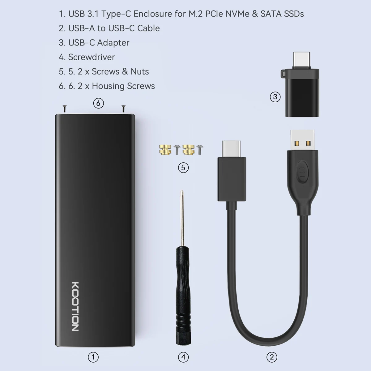 KOOTION M.2 SSD Case Hard Drive Box Portable NVME SATA USB 3.1 Type C External Hard Disk Box 10GbPS High-Speed Storage Enclosure