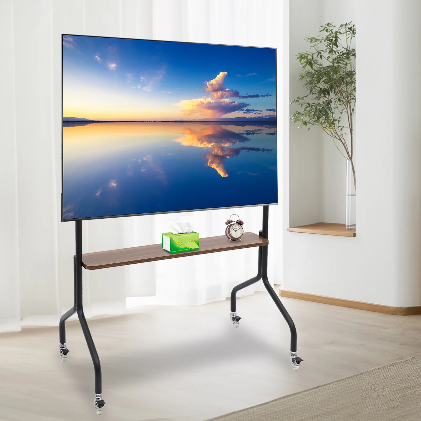 

wrought iron Mobile TV stand with crystal wheel and Brake Function [adjustable single-layer] walnut color