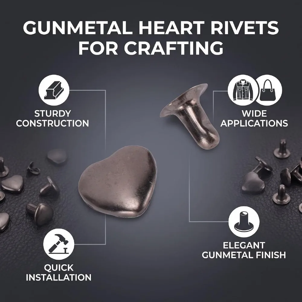 30 Pcs Count Gunmetal Color Heart Shape Rivets 8mm Size Tubular Type Double Layer Studs Screw Back Double Cap Rivets