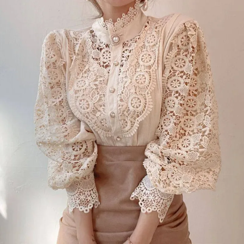 

New Women Chiffon Button Turtleneck Shirt Chic Elegant Floral Lace Fluffy Long Sleeve Top Fashion Hollow Oversize White Blouse