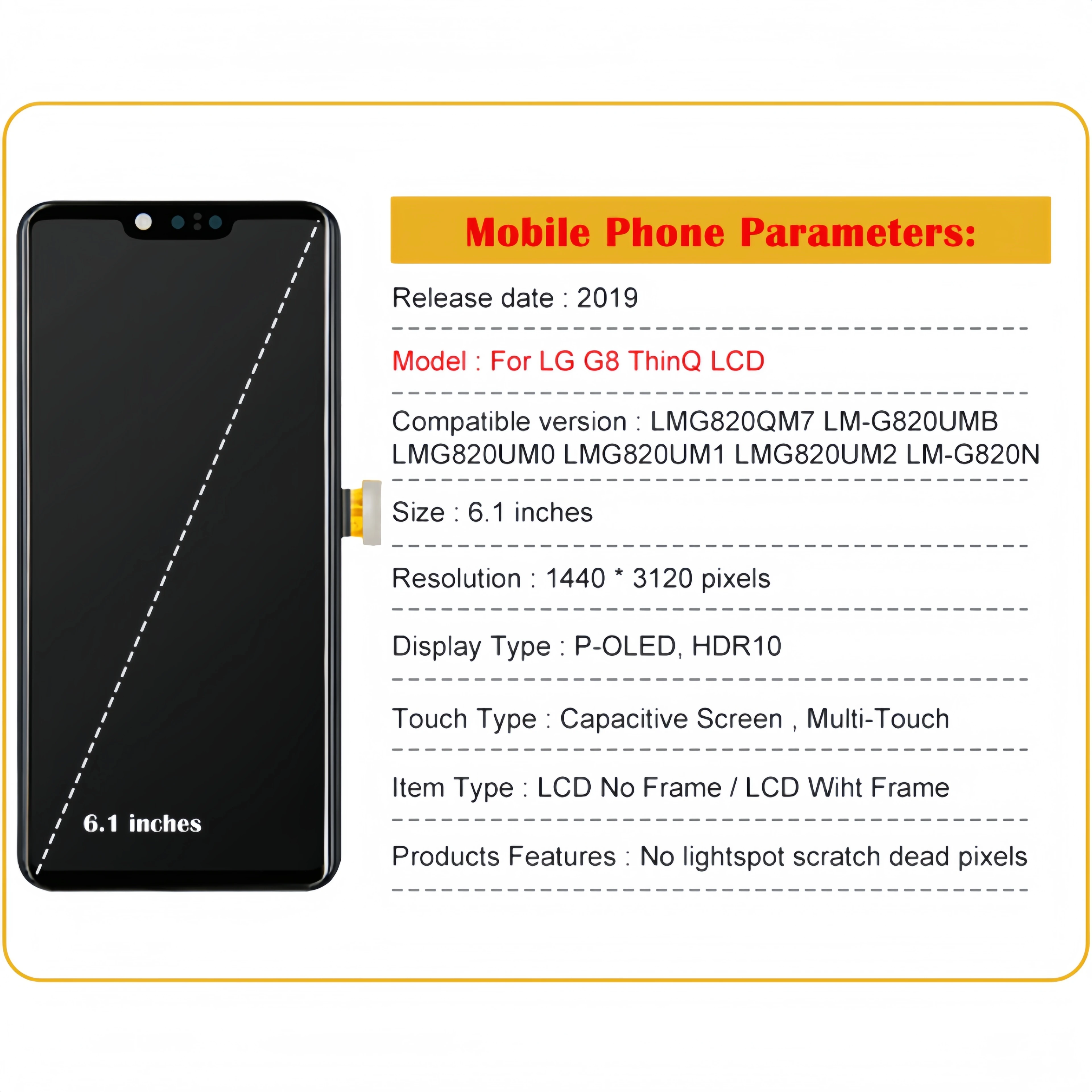 LCD Display Touch Screen Digitizer Assembly Replacement, Fit for LG G8 ThinQ G820N, LM-G820MB, LMG820QM7, LM-G820UMB