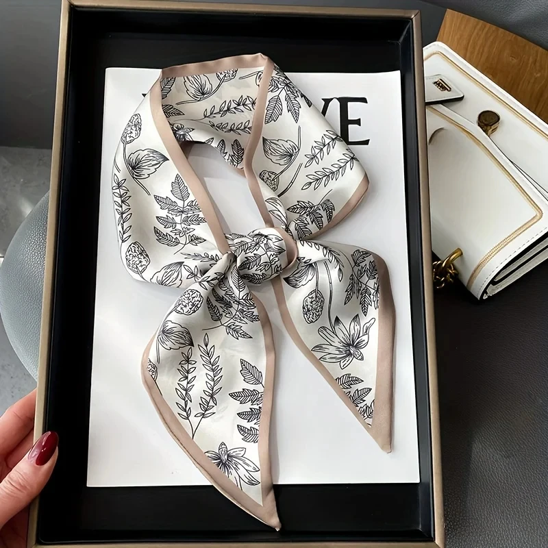 Double Sided Plant Print Scarf Luxury Brand Slender Neckerchief French Elegant Inelastic Neck Scarf Hairband