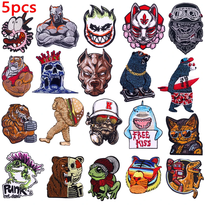 5 Teile/satz Fierce Muscle Tier Patch Bär Hai Affe Gestickte Patches Eisen Auf Patches Für Kleidung Jacken Hüte Jeans Abzeichen