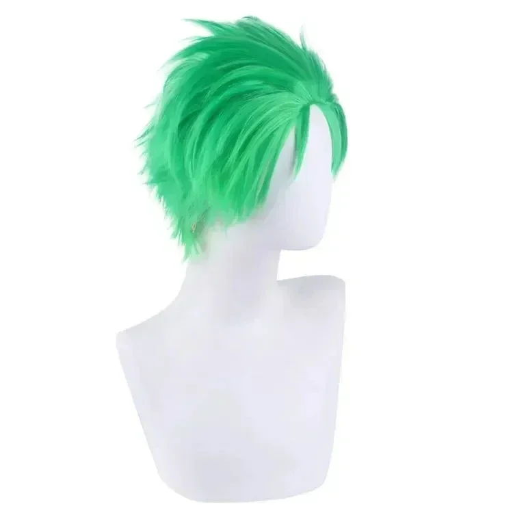 Anime Roronoa Zoro a short green wig styled with the hair combed back designed for anime convention cosplay