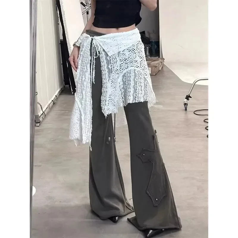 Y2K Irregular Mini Skirts Women Harajuku Aesthetic White Lace Tulle Bandage Skirt Japanese Vintage Hollow Out Faldas New