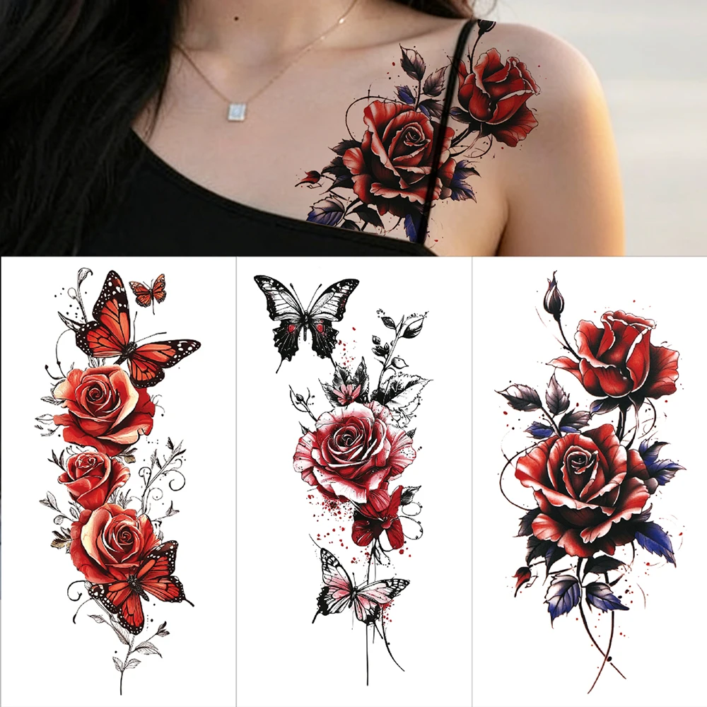 

Waterproof Flower Temporary Tattoos for Women Red Rose Butterfly Fake Tattoo Sticker Sexy Tattoo for Hand Arm Body Decor