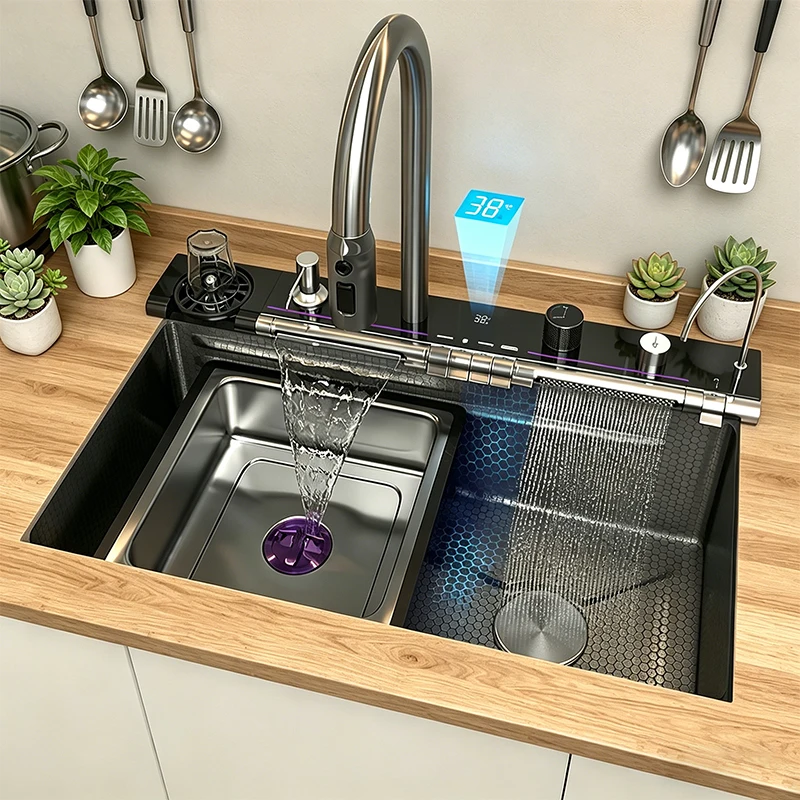 Stainless Steel Waterfall Undermount Kitchen Sink Multifunctional Single Bowl Digital Display Large Washing Basin