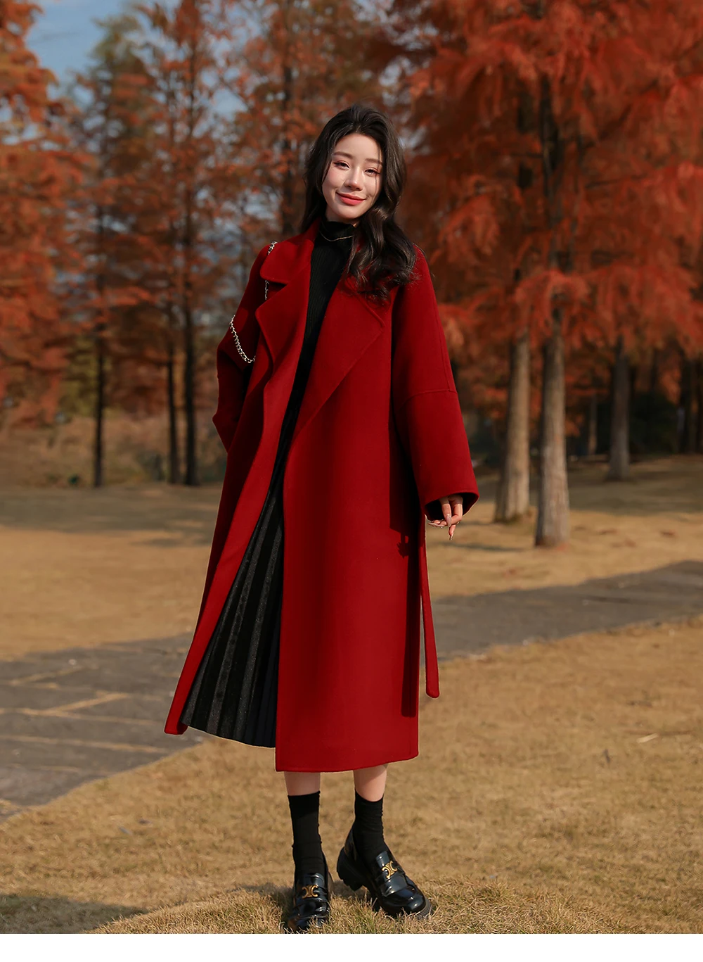

New Year's Red Women's Wool Coat Autumn/Winter New Fashion Long Style Suit Collar High End Double Sided Cashmere Woolen Coat