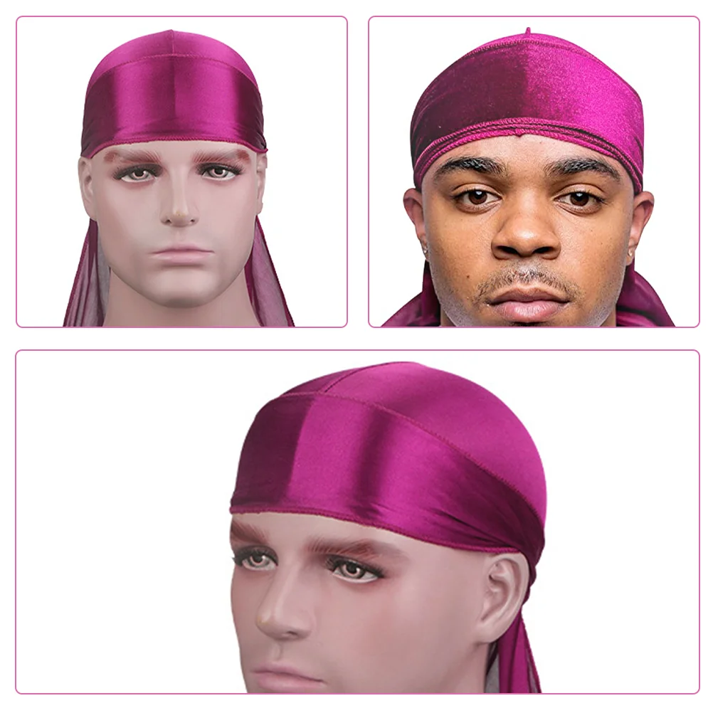 Bandanas para hombres Cola larga Turbante de seda Durags Headwraps Diadema sedosa Mujeres Negro Elástico Miss