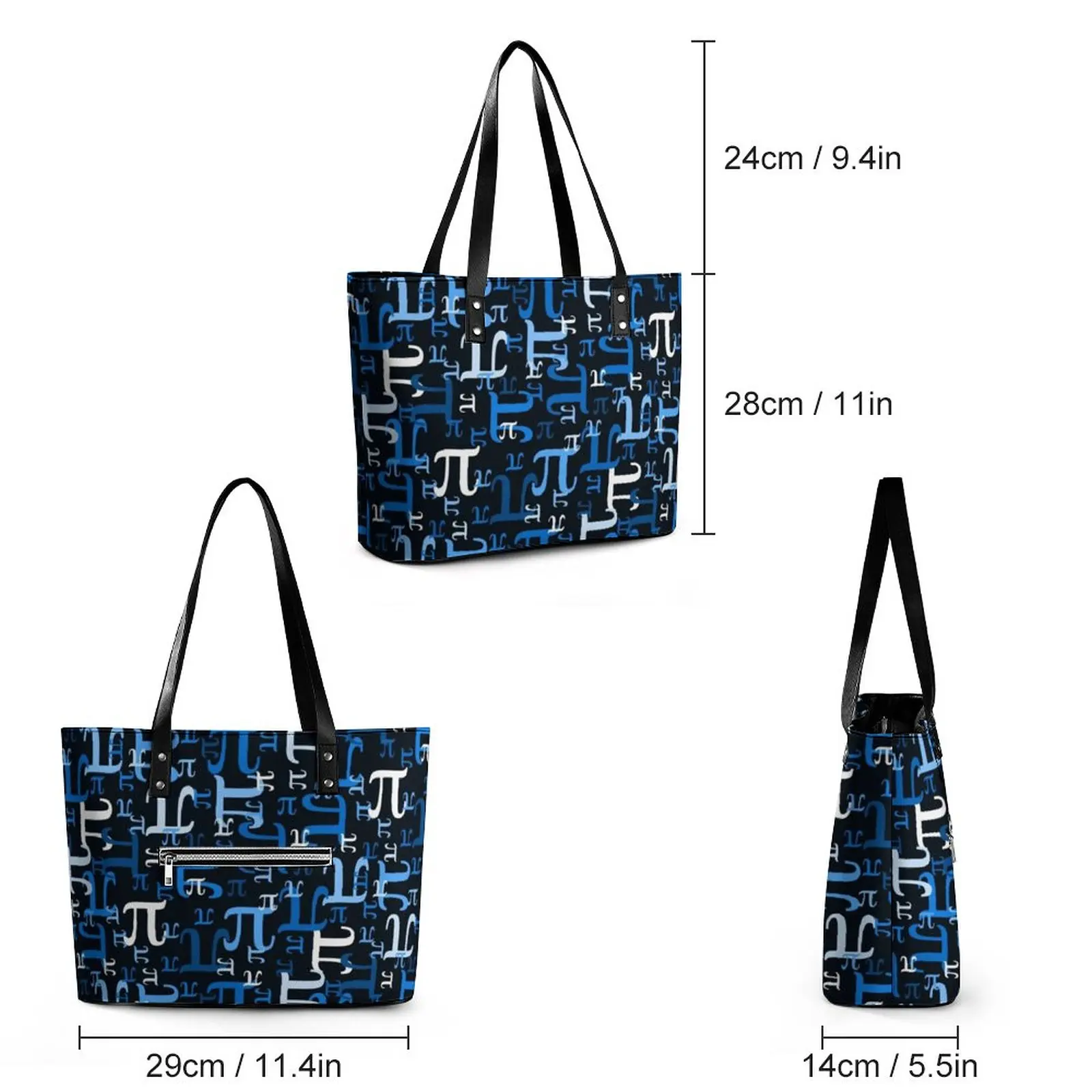 Funny Math Handbags Blue Pieces of Pi PU Leather Shoulder Bag Women School Custom Tote Bag Pocket Casual Beach Bags