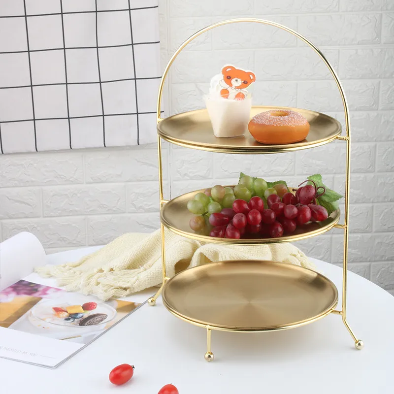 

European 3 Layer Gold Fruit Plate Snack Rack Cake Display Pastry Dish Serving Tray Candy Shelf Room Party Decoration