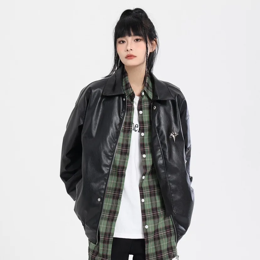 Motorcycle Leather Jacket Women Street American Vintage Women Biker Cropped Coat Female Vintage Faux Leather Zipper Y2k Outwear