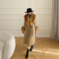 2023 Winter Women Wool Blends Long Coat Real Red Fox Fur Collar Cuffs Thick Warm Jacket Tweed Plaid New Luxury Female Coat