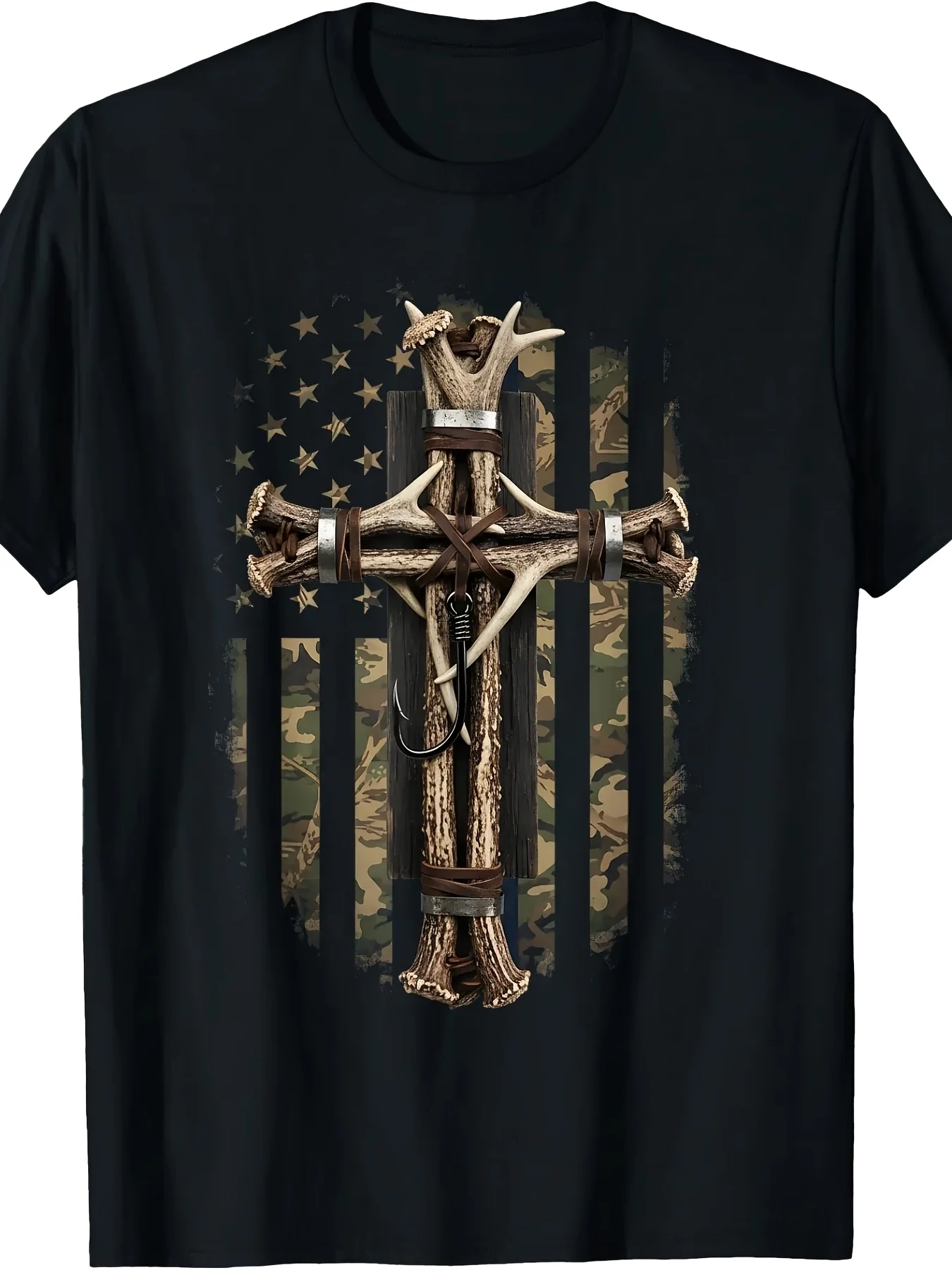 Camouflage Cross Antlers Fish Hook Hunting Christian Bible T-Shirt, Vintage Casual Crew Neck Print T-Shirt