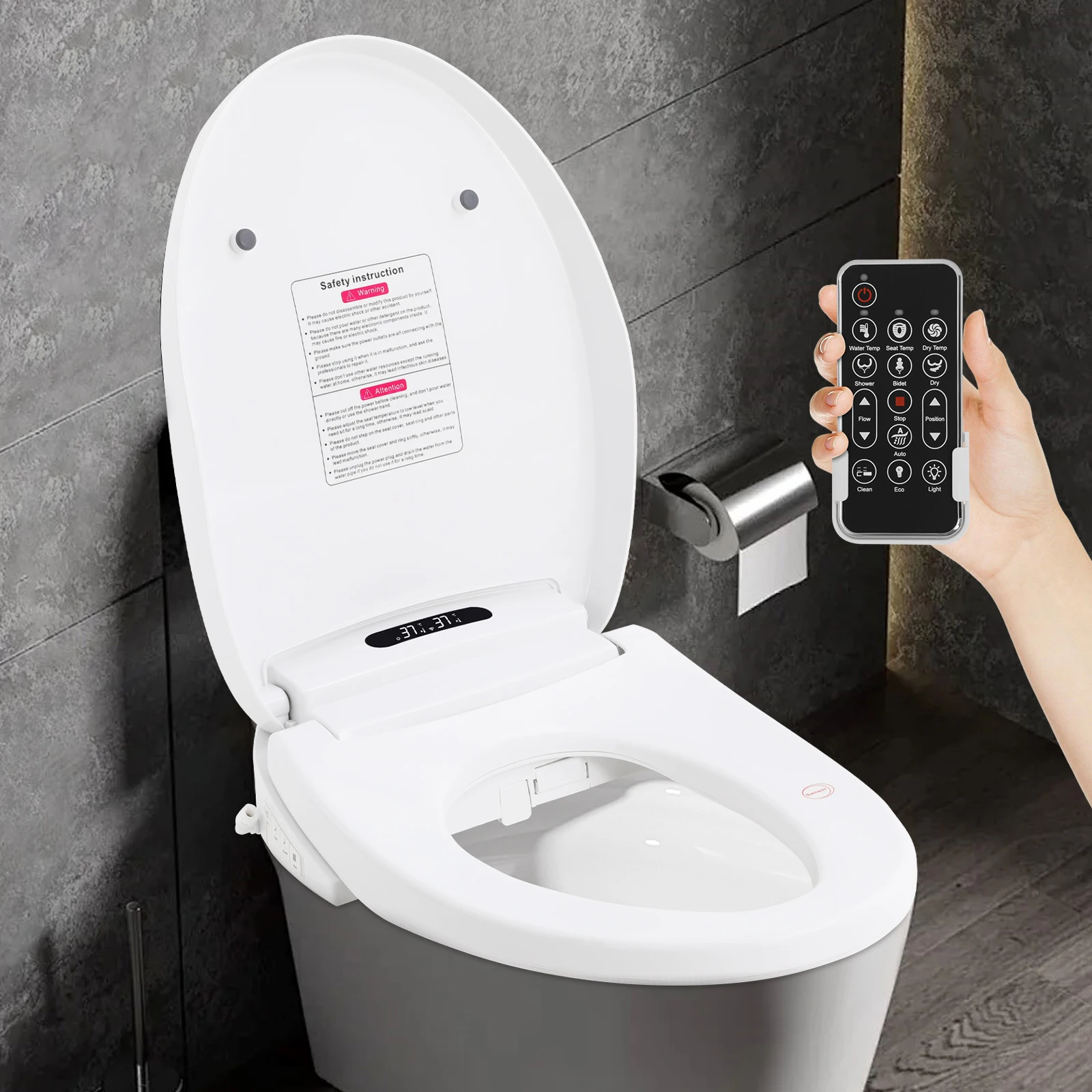 Sedile WC Intelligente da 1300W, Sedile Bidet Elettrico da 51cm, Sedili WC Smart Riscaldati a Forma di V con Telecomando e Pulsanti