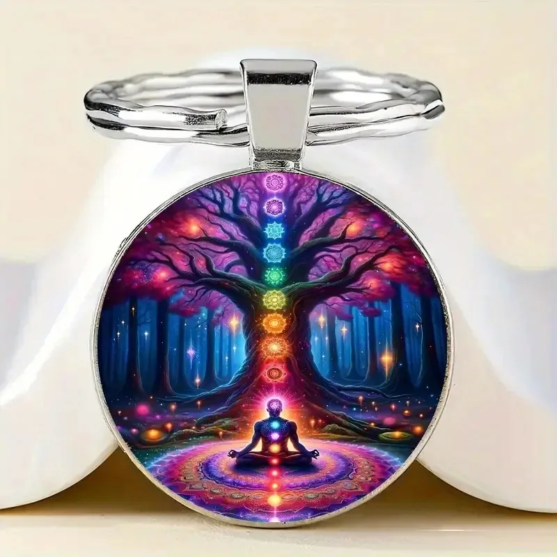 yoga keychain Buddha Meditation 7 Chakra Mandala Psychedelic Yoga Glass Cabochon Keychain Ornament