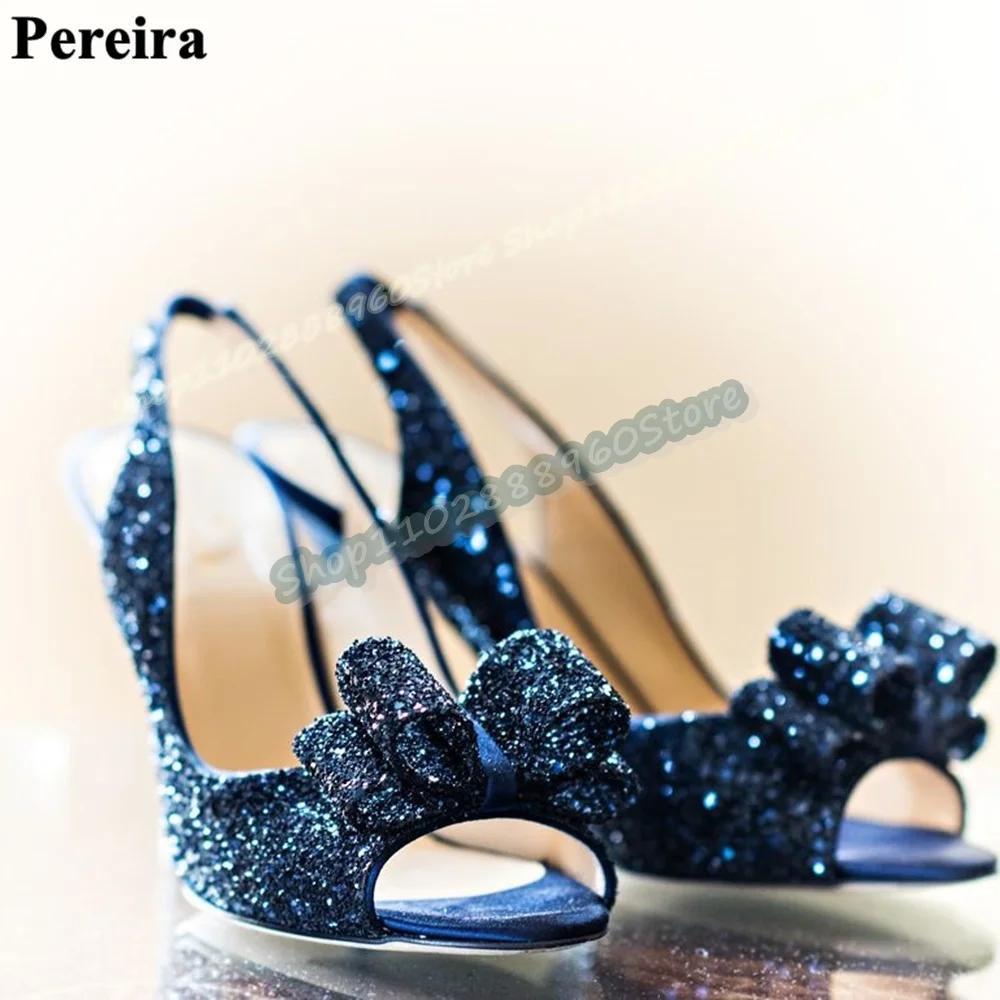 

Bling Slingback Dark Blue Glitter Bowknot Sandals Thin High Heel Shoes For Women Back Strap Peep Toe Sparkling Banquet Sandals
