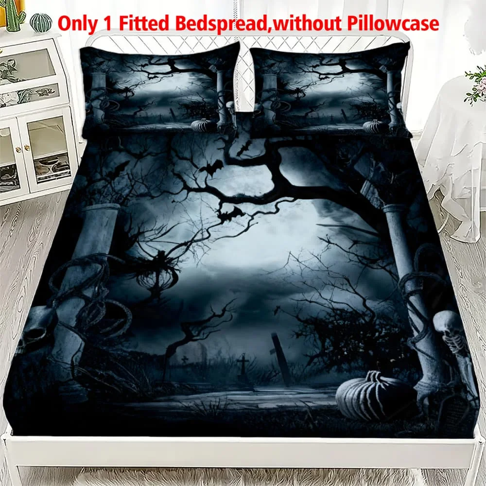 1pc Spooky Graveyard & Bat Print Fitted Sheet Deep Pocket Elastic Mattress Cover Single Double Queen King Bedroom Decor