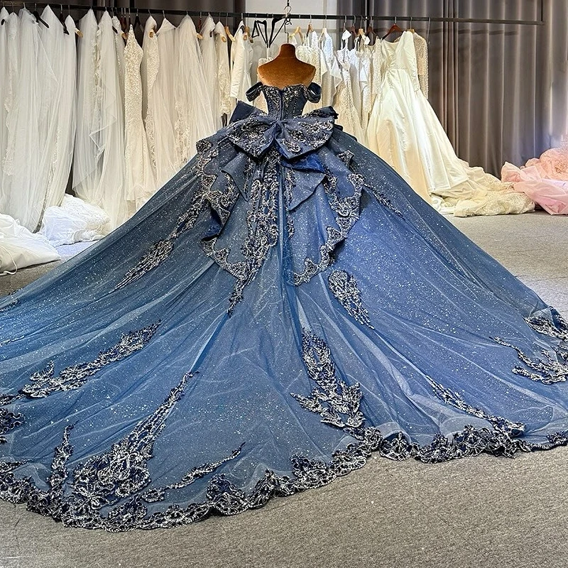 Sea Blue Shiny Quinceanera Dresses Off The Shoulder Applique Lace Bow Beading Crystal Tull Party Birthday Sweet 16 Dress Vestido
