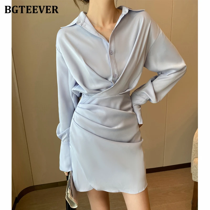 Bgteever stilvolle langärmlige unregelmäßige Mini kleid Frauen elegante schlanke Taille einreihige Hüfte Hemd Kleid für Frauen