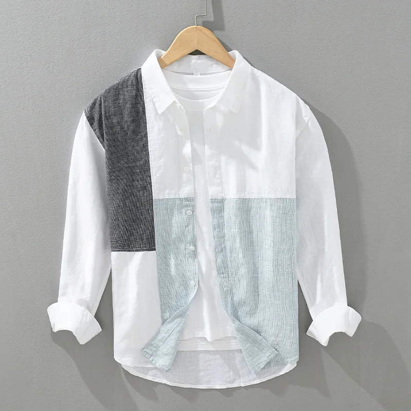 100% Linen Long Sleeve Shirt for Men Loose Shirts No Bounce Fashion Patchwork Men\'s Clothing