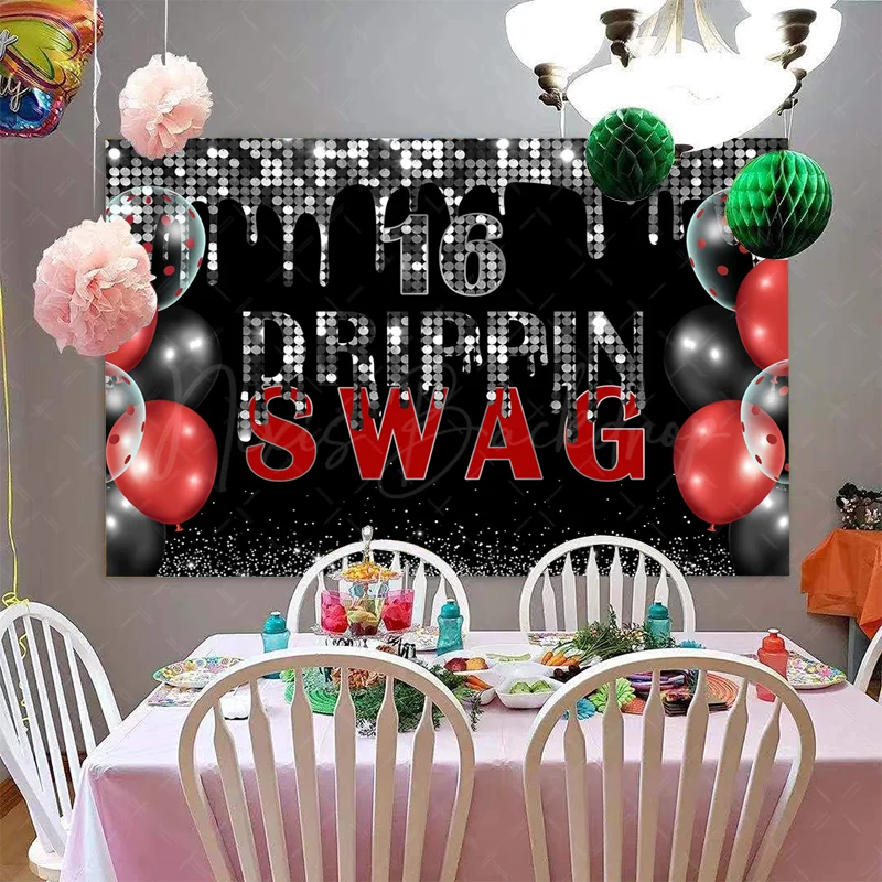 Drippin Swag 16 Birthday Backdrop Silver Red Black Hip Hop Birthday Party Decoration Teenager Boy Man Swag Birthday Background