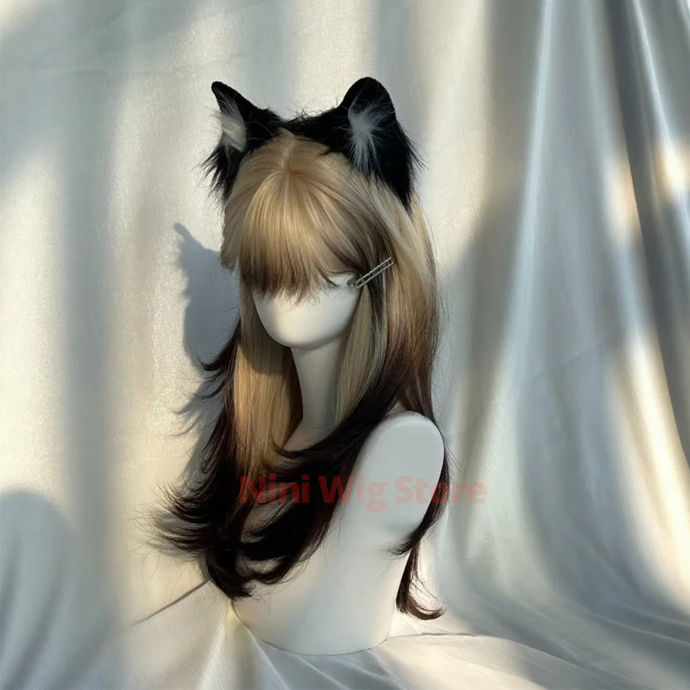Black Gold Gradient Layered Wig with Bangs Nature Straight Wig For Women Cosplay Lolita Party Halloween Daily Use Heat Resistant
