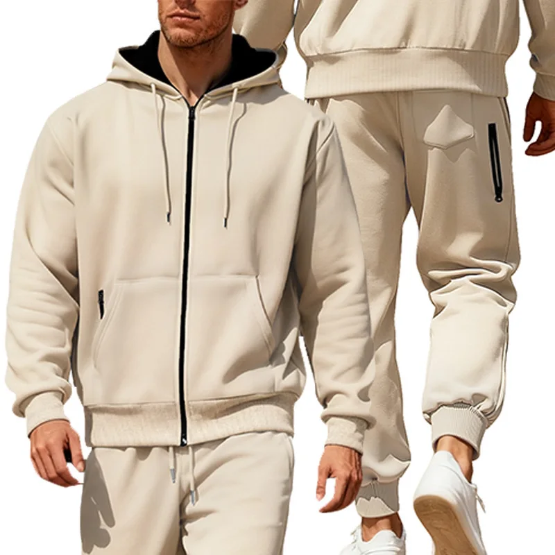 

Men's Fleece Lined Zipper Long Sleeve Hooded Sportswear Set Warm Casual Autumn Winter Outfit Polyester Fiber