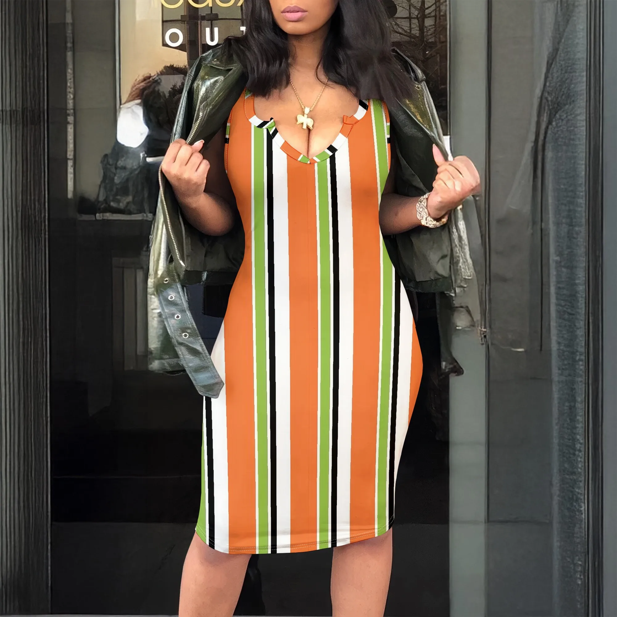 

Striped V-Neck Sleeveless Bodycon Dress, Orange Green Black Vertical Print Mini Dress for Women Party Clubwear, S-2XL