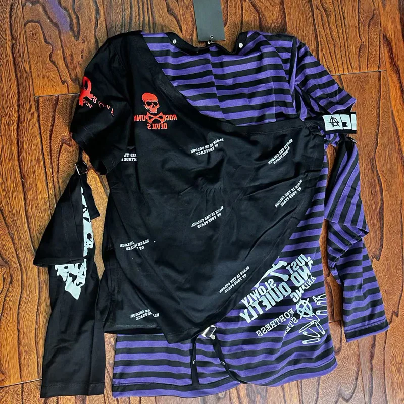 2025 giapponese y2k a maniche lunghe con catena di rivetti Top Kill Matt Rock Punk Abbigliamento da uomo T-shirt a righe con teschio Rivetti visivi