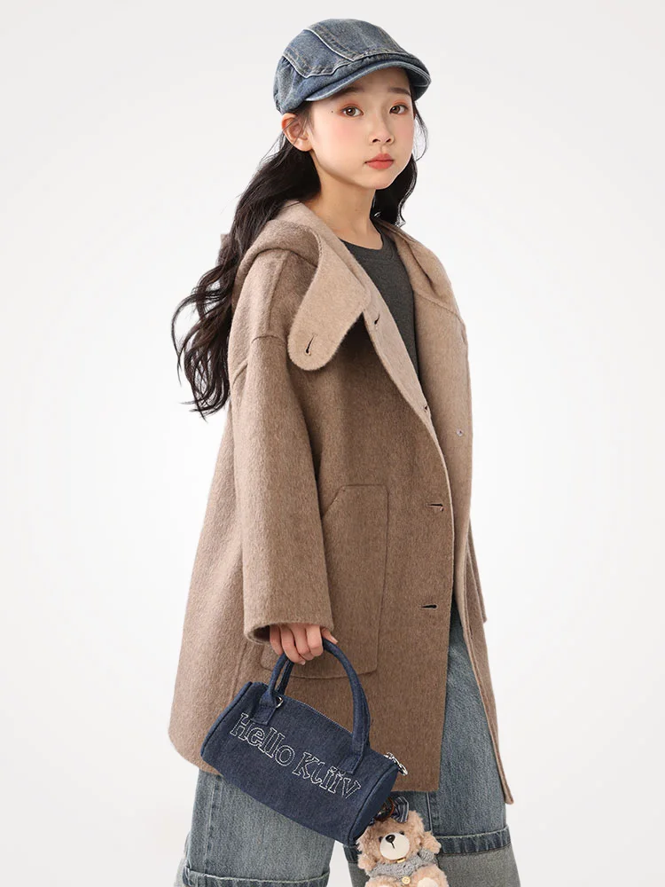 Kids 100 Pure Wool Hooded Coat Double-Faced Contrast Color Windproof Tab Warm Long Winter Outerwear Children Overcoat Soft Warm
