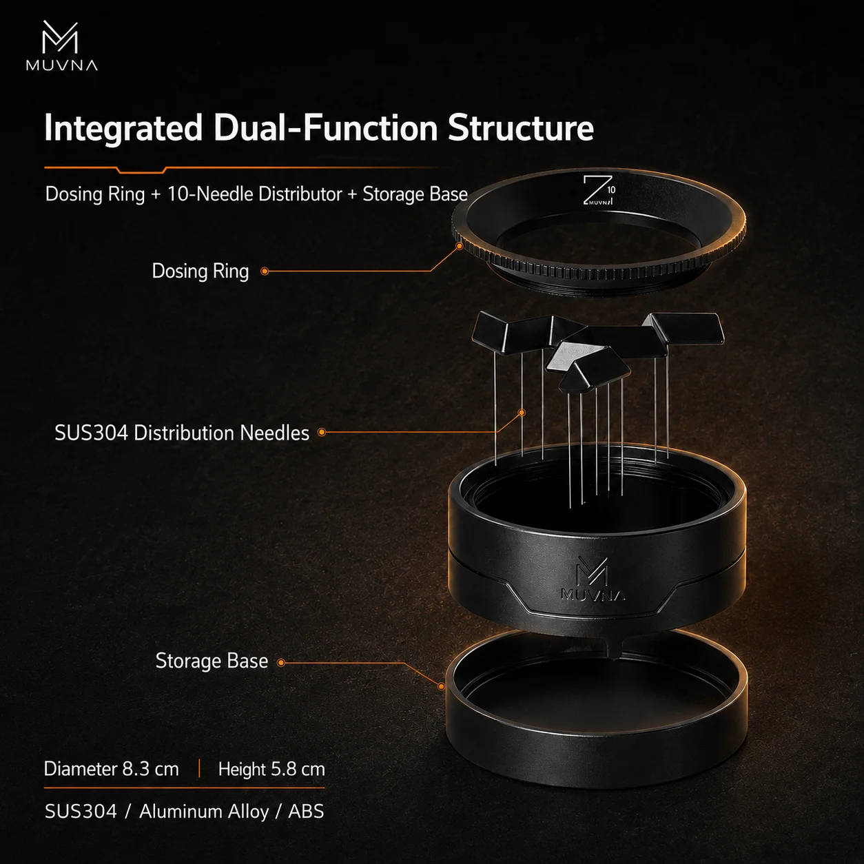 MUVNA 58MM Coffee Dosing Funnel Espresso Stirrers With Base Needle Distributor Tool Accessories Bar Portafilter Funnel One-Piece