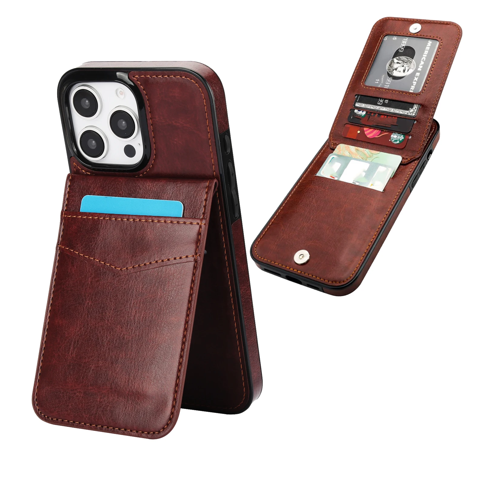 

PU Leather Credit Card Holder Slot Wallet Case For iPhone 16 Pro Max 15 14 13 12 11 XR XS, Kickstand Heavy Duty Protective Cover